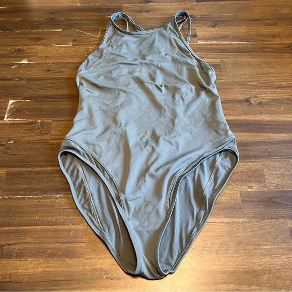 TopShop Olive Green One Piece Swimsuit High Neck Mesh Strapy Sexy Back Size 8 - Picture 2 of 8